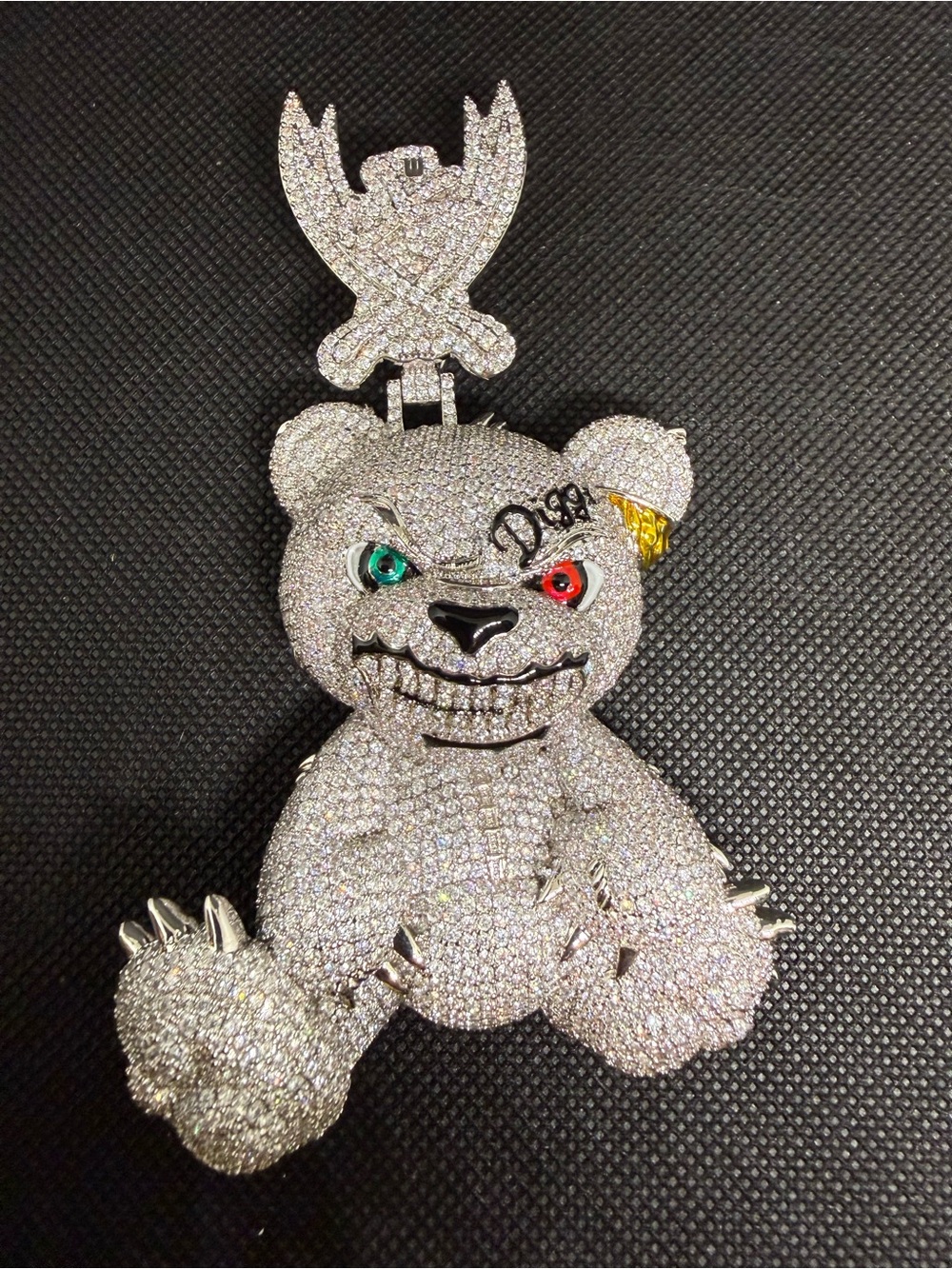 Full Moissanite Teddy Bear Pendant with Red & Green Eyes-Passes Diamond Tester